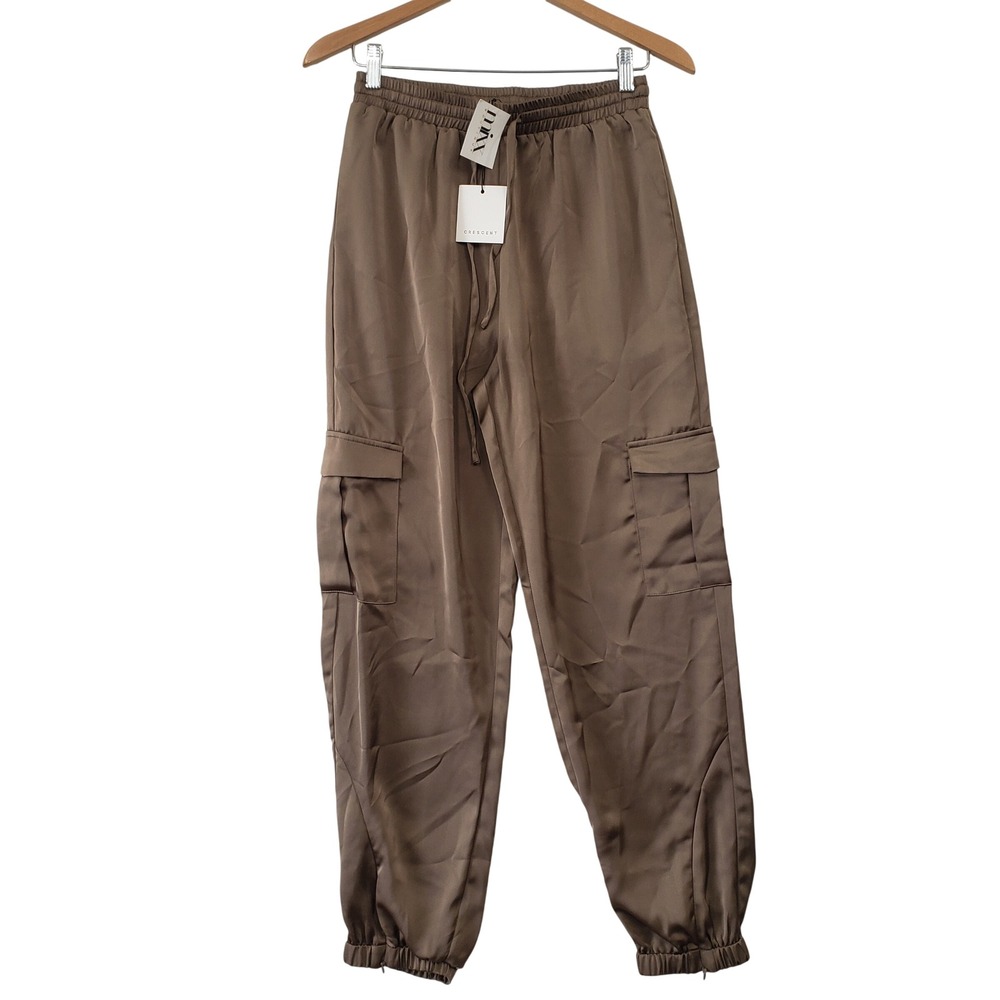 Crescent Coffee Brown Satin Cargo Joggers Womens Medium NWT Utility‎ Urban Chic
